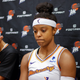 Diamond DeShields (R) and Skylar Diggins-Smith (L), attend a press conference after a game against the Connecticut Sun at Mohegan Sun Arena in Uncasville on August 4, 2022. (Photo by KENA BETANCUR / AFP) (Photo by KENA BETANCUR/AFP via Getty Images)
